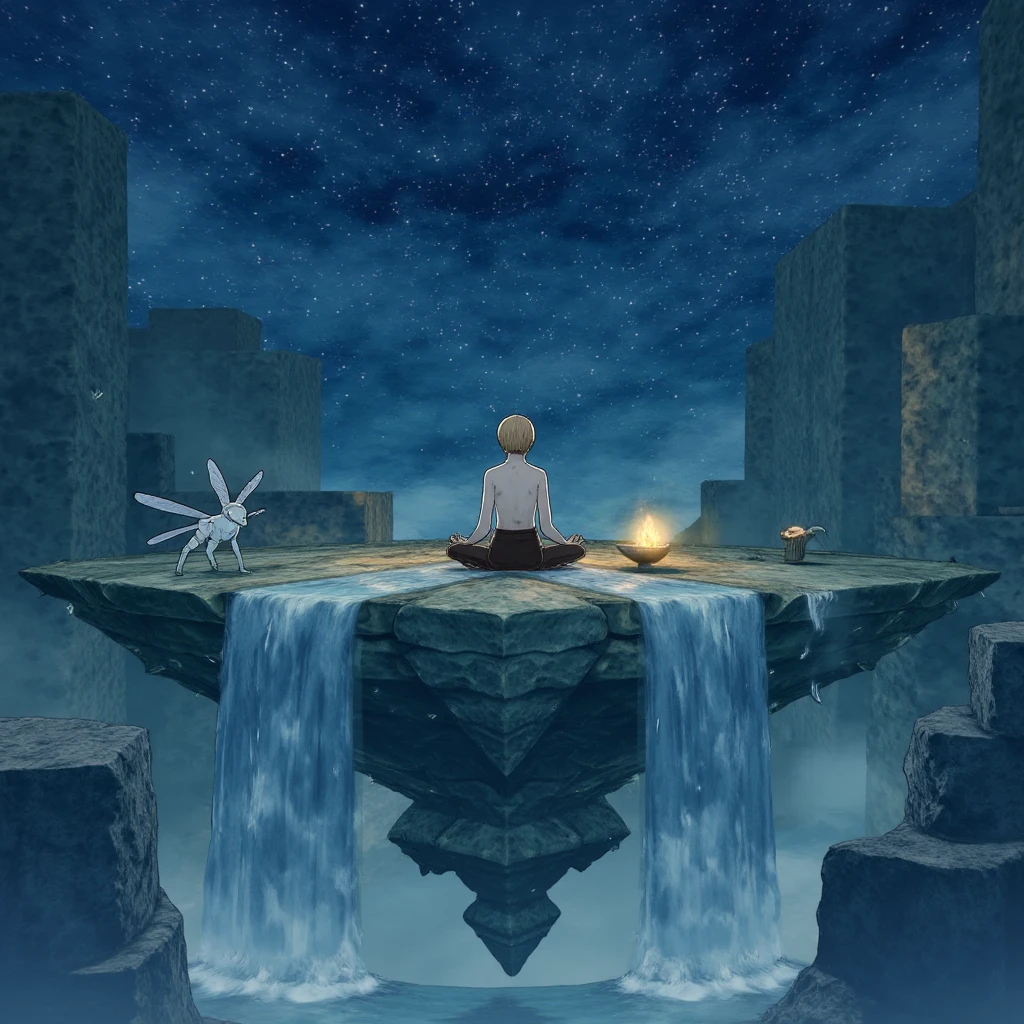 mrstyle A serene monk meditates on a floating island, surrounded by waterfalls cascading from the edges of the floating rocks. The sky is a deep indigo, dotted with stars, and strange, floating creatures drift lazily around the monk. Their aura glows softly, resonating with the calm and peace of the environment