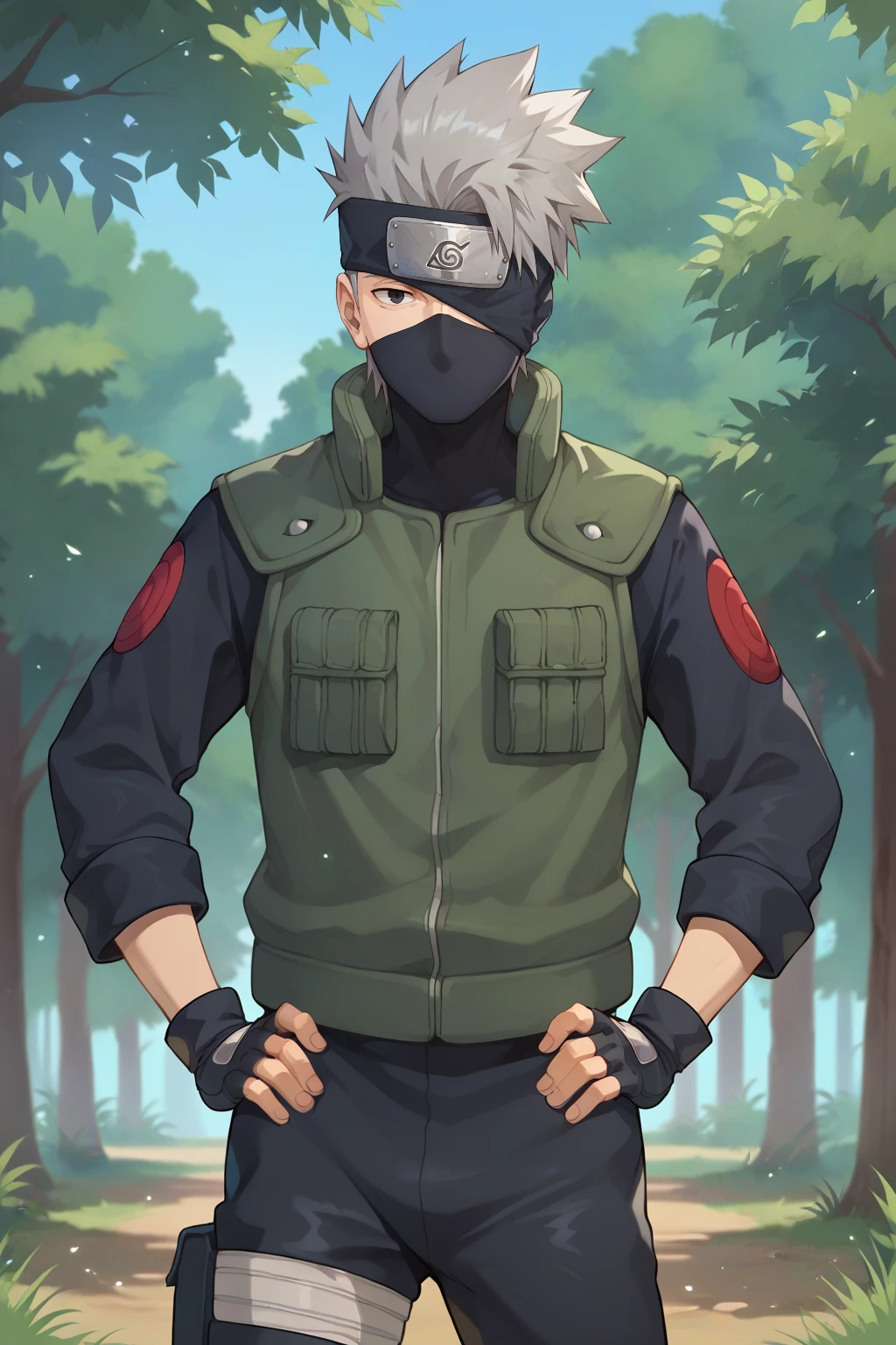 score_9, score_8_up, score_7_up, 1boy, kakashihatake, 1boy, male focus, gloves, solo, fingerless gloves, mask, tree, grey hair, ninja, forehead protector, konohagakure symbol, vest, green vest, mouth mask, black gloves, outdoors, black eyes, headband, looking at viewer, ninja mask, hands on hips, one eye covered, short hair, best quality, very aesthetic, absurdres