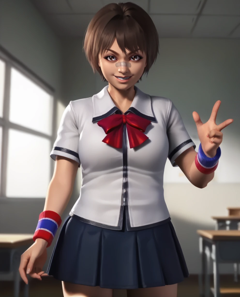 score_9,score_8_up,
tendoxl,brown hair,brown eyes,short hair,bandaid on nose,
school uniform,red bow,blue skirt,smile,wristbands,
standing, looking at viewer,  
classroom,<lora:AyaneTendoXL:0.8>,