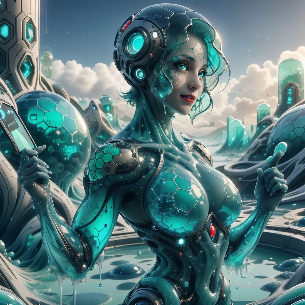 <lora:Navi_SlimeTech_L:1>  nv_slimetech ,scifi, translucent, tendrils, melting ,
closeup, small breasts, seductive smile, best quality, bob cut, red eyes, green hair,multicolored hair, aqua hair, 1girl, standing in a scifi city, holding a tablet, red lips