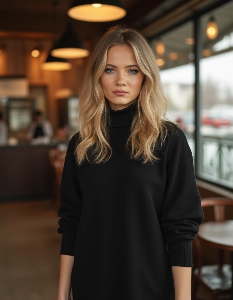 <lora:Freya_Allan_Flux_r1:1> beautiful detailed photograph,  blonde hair, wearing a turtleneck dress, standing in cafe looking at the viewer