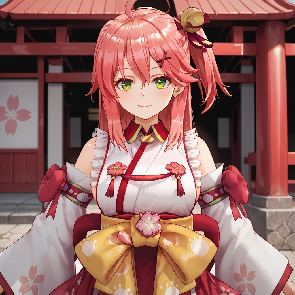 score_9_up,score_8_up,masterpiece,best quality,detailed skin,1girl,Mikochi,pink hair,ahoge,green eyes,hair bell,hair ornament,x hair ornament,hair bell,one side up,floral print,detached sleeves,paw print,paw print pattern,cherry blossom print,<lora:Sakura_Miko_ãããã¿ã_hololiveVtube-000004:0.8>,<lora:cnv3mdde878c738thn20:0.8>,smug,sideboob,shrine,cowboy shot, looking at viewer,