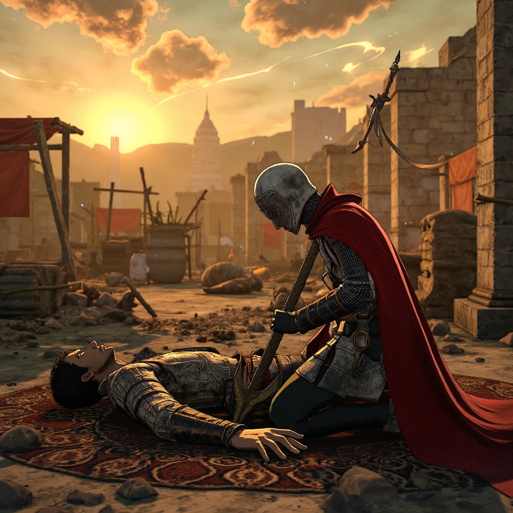 mrstyle A battle-hardened knight kneels in front of a fallen comrade, their face shadowed by their helmet. The battlefield stretches out behind them, littered with the remnants of a fierce battle. The setting sun casts long shadows across the scene, creating a somber yet powerful atmosphere as the knight pays their respects