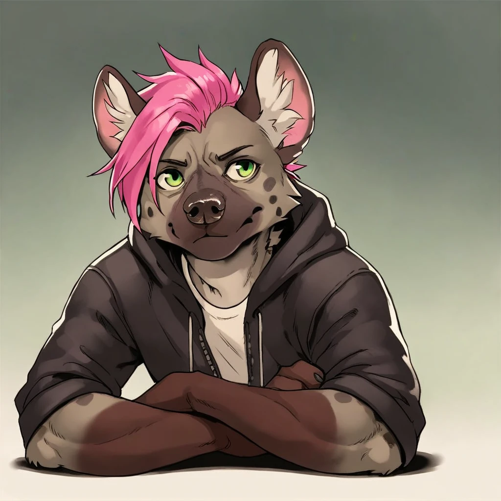 <lora:Gimmemysmokes_Style_PonyXL:0.8> gimmemysmokes,  score_9, score_8_up, score_7_up, score_6_up, score_5_up, score_4_up, source_furry, rating_safe, hyena, pink hair, green eyes, gray body, clothed, clothing, background, in an industrial complex, on front, male, rating_safe,