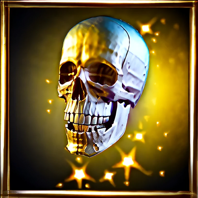 Hyperrealistic art of Hyperrealistic art, UHD, 4k, ultra detailed, cinematic, background gradient from black to yellow, skull close-up, blue fog and lightning, golden stars, golden frame, <lora:Spell_Icon_SD_1.5:0.9>, Extremely high-resolution details, photographic, realism pushed to extreme, fine texture, incredibly lifelike