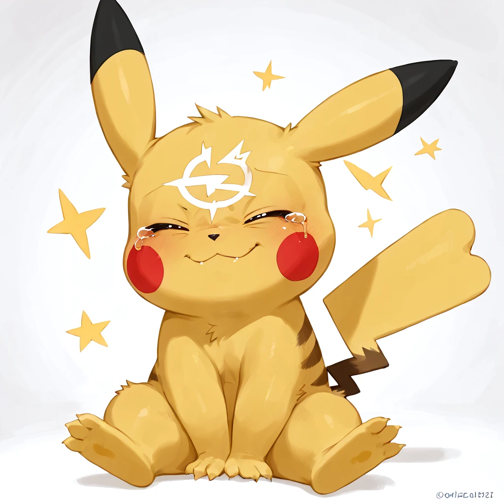 <lora:Style_rabbitadvisory_BETA:1>,no humans,pikachu,closed mouth,solo,closed eyes,pokemon (creature),holding,smile,sitting,tears,:3,tearing up,white background,toes,star (symbol),âââ