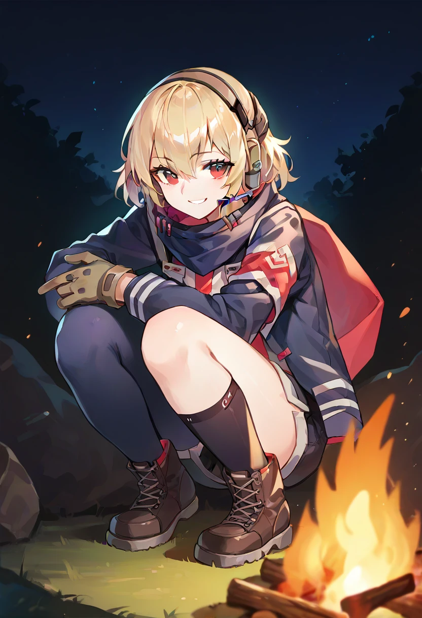 score_9, score_8_up, score_7_up, source_anime, BREAK, blonde hair, red eyes, gloves, jacket, scarf, headset, asymmetrical legwear, squatting, shorts, night, campfire, looking at viewer, smiling