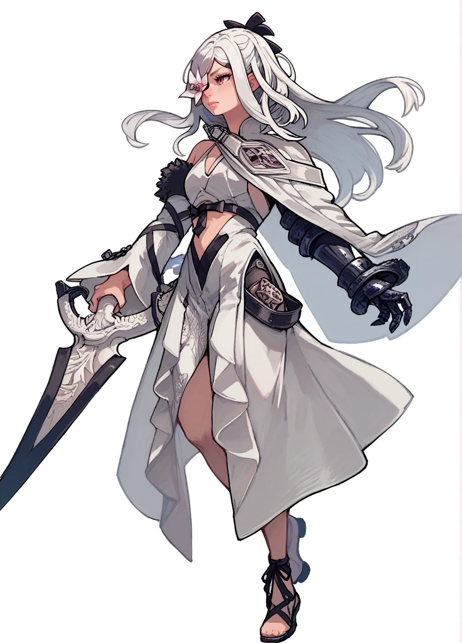 1girl, solo, long hair, white hair, hair bow, hairclip, flower over eye, pink eye, zerodef, white dress, black ribbon, capelet, single mechanical hand, detached sleeves, holding sword:0.8, full body, chibi, cartoon, white background   <lora:Nier_Zero-PONY:1>, score_9, score_8_up, score_7_up, score_6_up,