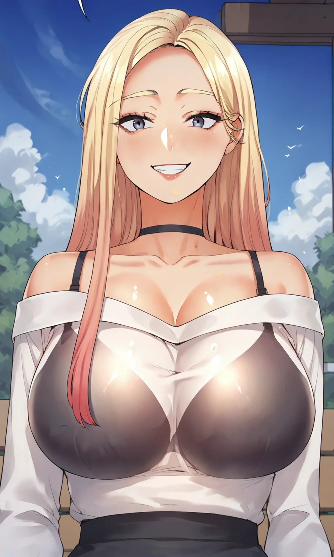 score_9, score_8_up, 1girl, solo, huge breasts, blonde hair, long hair, multicolored hair, white shirt, off-shoulder, black choker, black bra, collarbone, shorts, Narrow shoulders, looking at viewer, from below, grin smile, outdoors, day, sky, cloud, 