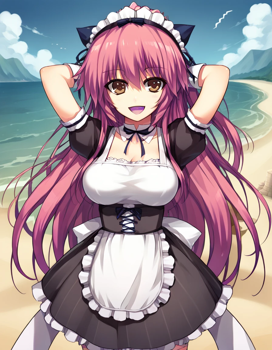 score_9, score_8_up, score_7_up, source_anime, <lora:accela-ingame-ponyxl-lora-nochekaiser:1>, accela, long hair, large breasts, brown eyes, ponytail, pink hair, large breasts,, thighhighs, apron, white thighhighs, zettai ryouiki, wrist cuffs, maid, maid headdress, beach, sand castle, swimsuit, summer vacation, ocean wave, hands behind head,, smile, <lora:ghost-pose-ponyxl-lora-nochekaiser:1>, ghost pose, ghost, purple tongue, open mouth, looking up,, looking at viewer, solo,, dutch angle, cowboy shot