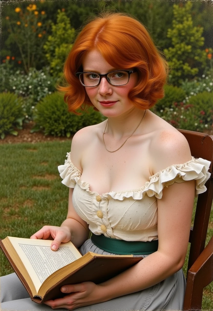 19th century victorian impressionist oil painting of a petite 18 year old woman with red hair and freckles. sitting in an outdoor garden reading a book, wearing glasses, bare shoulders