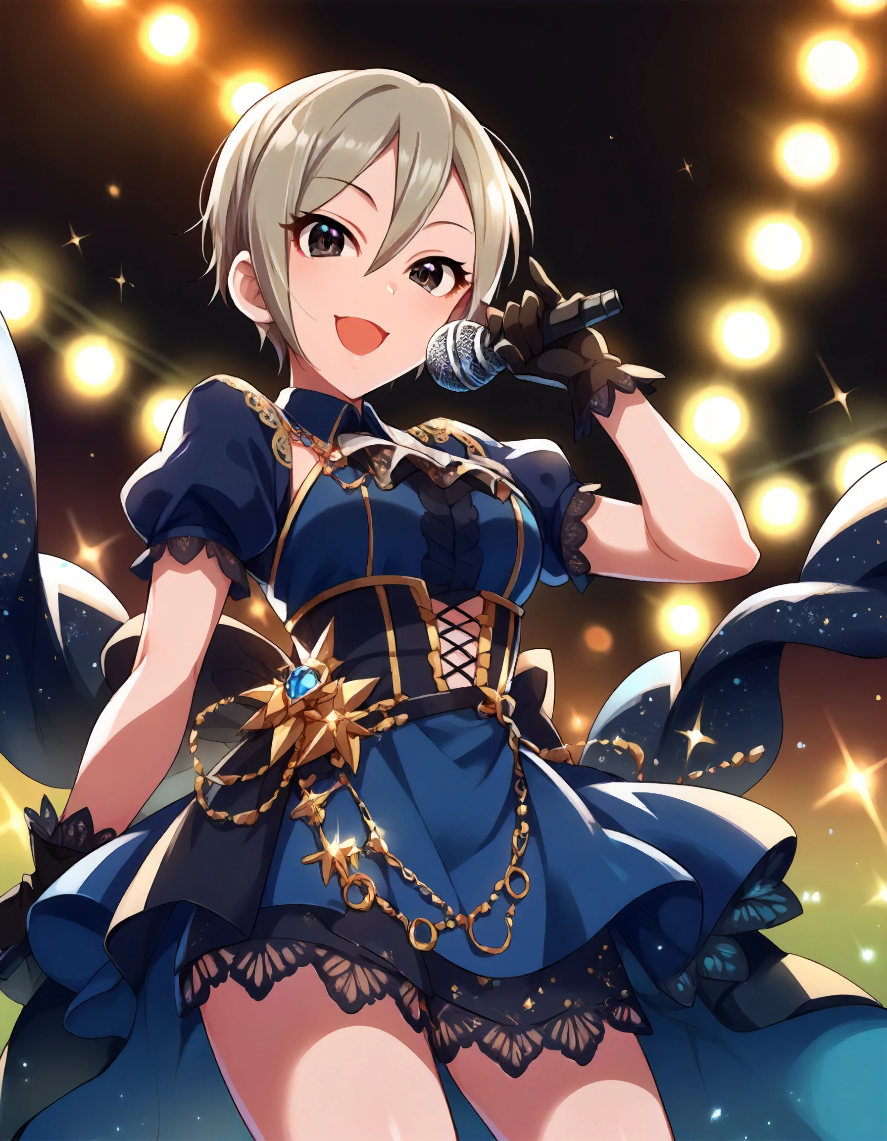 score_9,score_8_up,score_7_up,1girl,solo,cowboy shot,smile,open mouth,looking at viewer,stage lights,holding microphone,
<lora:shiomisyuko_ponyXLV6:0.8>,cgssyk,
grey hair,short hair,hair between eyes,black eyes,
blue dress,puffy short sleeves,black gloves