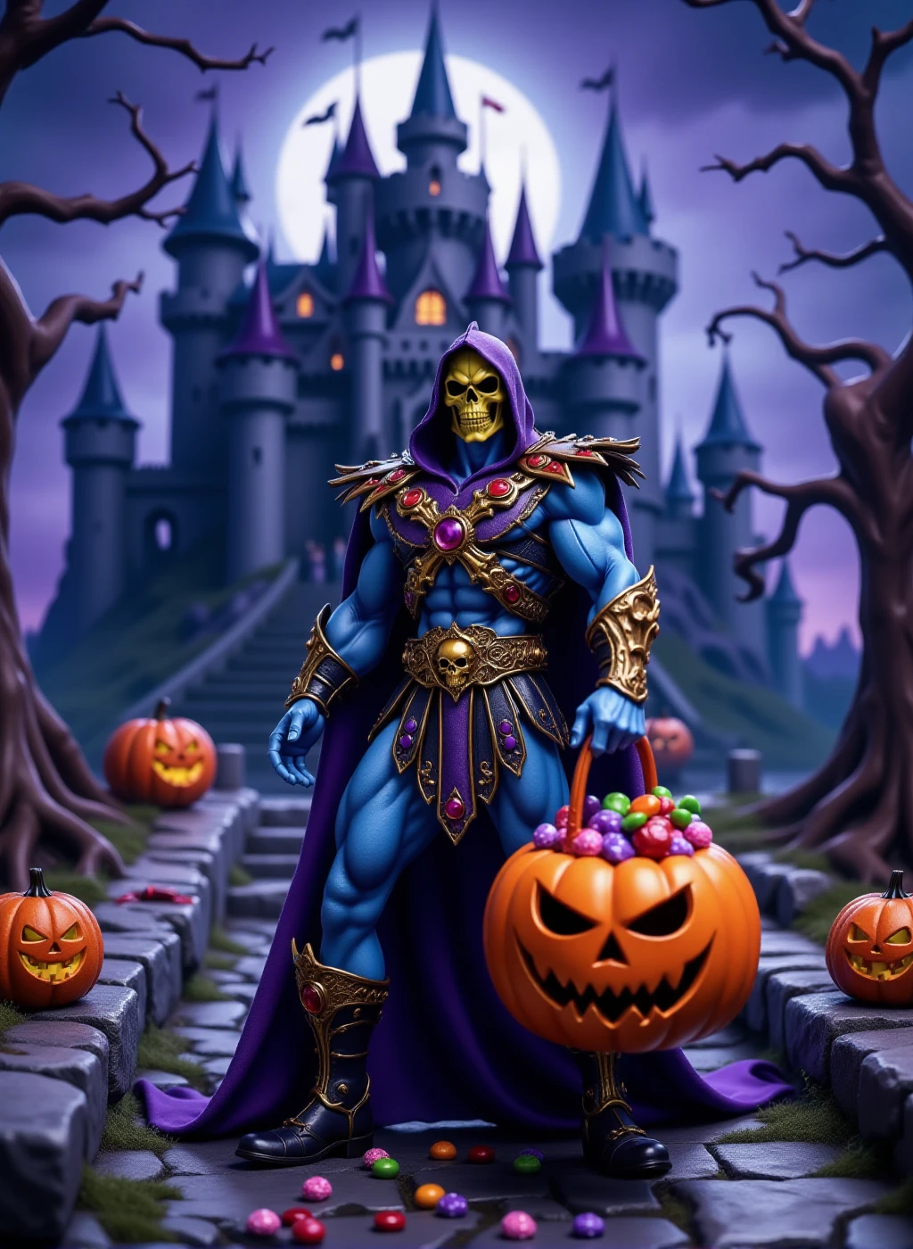 Skeletor, Skull face and blue skin is standing holding  a halloween pumpkin basket filled with candy in front of Grayskull castle. Halloween scenery <lora:Skeletor:0.9>