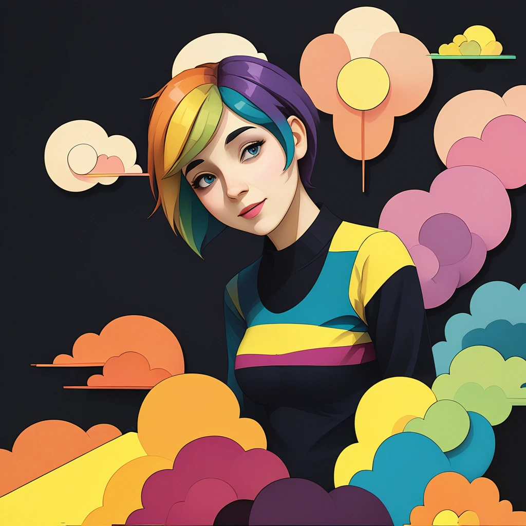 1girl inside room filled with surface of rainbow smoke, black background, vibrant colors, cloudy smoke, 