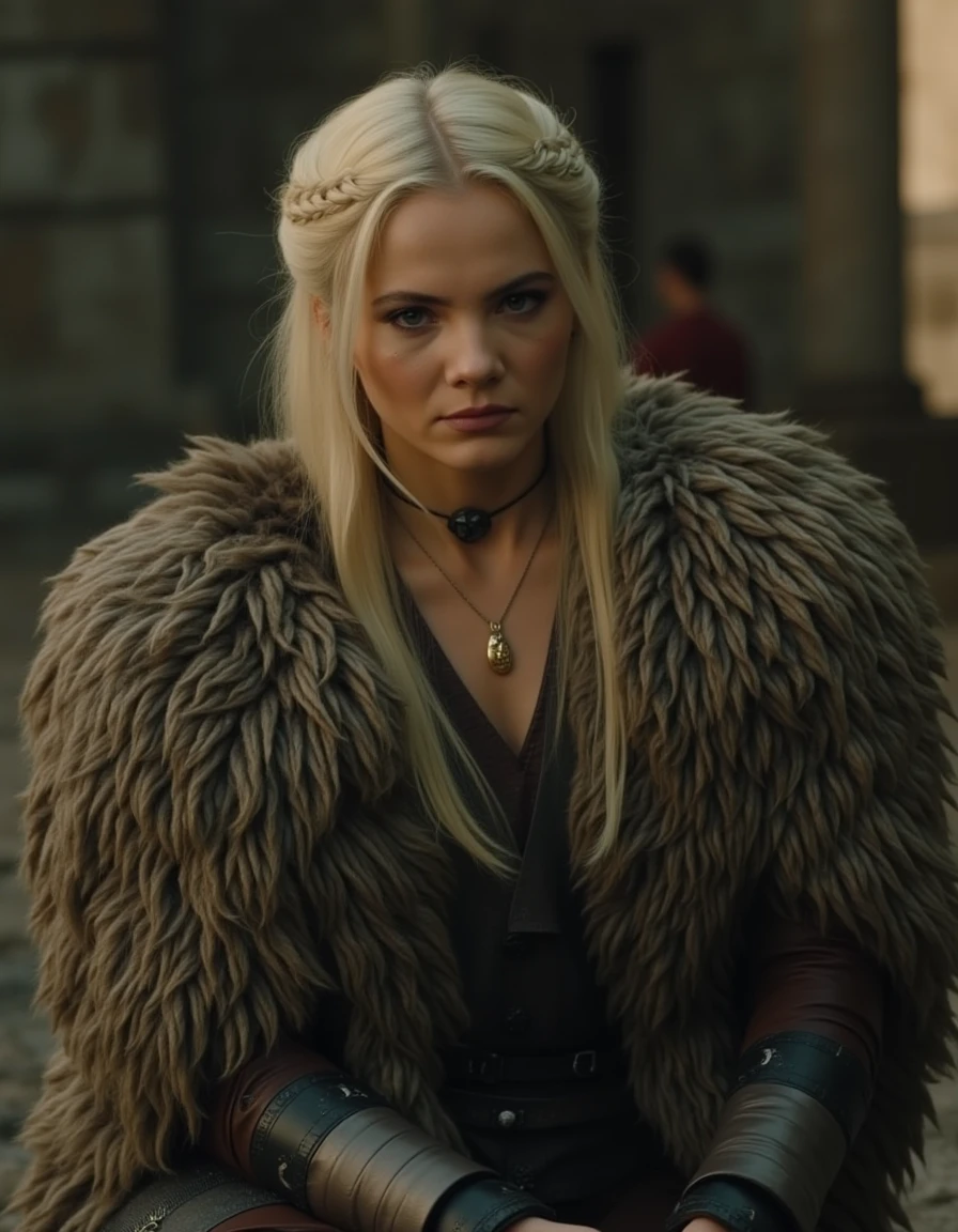 <lora:Freya_Allan_Flux_r1:1> This is an image of Cirilla of Cintra from the Netflix show The Witcher, blonde hair, braided, fur shoulders. tunic, pants.