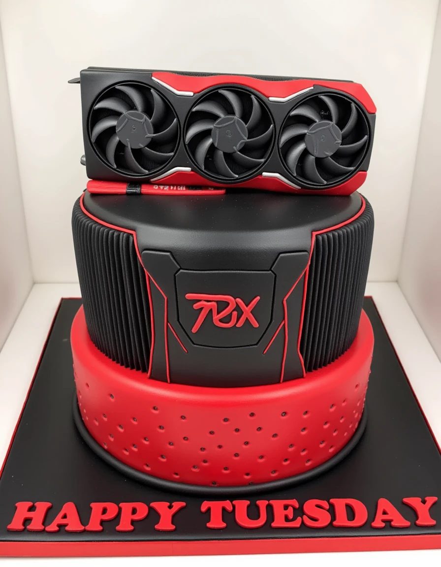 a  <lora:Radeon_7900XTX:1> Radeon RX 7900 XTX birthday cake in fondant, colorful cake with Black and red coloring, realistic <lora:Fondart:1> fndnt, Enhance your prompts with: hand-crafted fondant, realistic cake decorations, intricate cake toppers, organic shapes, textured icing, fondant flowers, edible details, realistic cakes, rich colors, With "Happy Tuesday" written on it