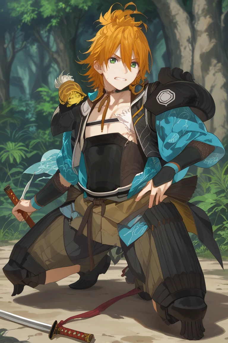 score_9, score_8_up, score_7_up, score_6_up, urashima kotetsu, orange hair, green eyes, hanamaru style, 1boy, male focus, weapon, turtle, sword, solo, torn clothes, japanese clothes, clenched teeth, wakizashi, full body, armor, japanese armor, teeth