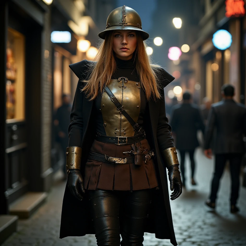 Imagine an image in the style of cinematic photorealism: A tall, striking woman strides through the dark streets at midnight, wearing a worn Ankh-Morpork City Watch uniform. Her sharp, focused gaze scans the alleyways as her long blonde hair spills out from beneath a steel kettle helmet. The uniform fits snugly, with a polished breastplate reflecting the faint moonlight, while her sturdy boots echo against the cobblestones. Her posture is alert and predatory, her gloved hand resting lightly on the hilt of her sword. The shadows of the city cling to her as she moves, her wolf-like instincts guiding her through the night.