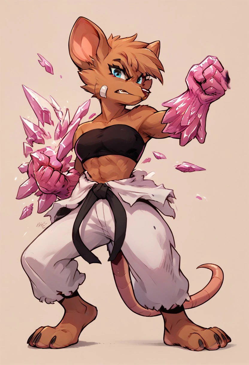 score_9, score_8_up, score_7_up, score_6_up, score_5_up, score_4_up, olympia, rat, brown fur, furry, female, blue eyes, short hair, karate gi, black belt, tube top, bandage on face, barefoot, amethyst fist, scowl, low angle view, amethyst fist, fist, crystal fist, fighting pose, looking at viewer, angry