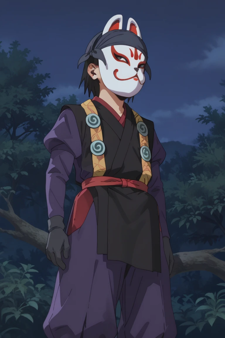 score_9, score_8_up, score_7_up, score_6_up, kazama genba, black hair, fox mask, japanese clothes, ninja, sash, purple pants, tabi, juliet sleeves, purple shirt, bandana, official style, solo, 1boy, night, mask, male focus, tree, outdoors, hand on hip, pants, gloves, standing, sky, long sleeves, night sky, nature, in tree