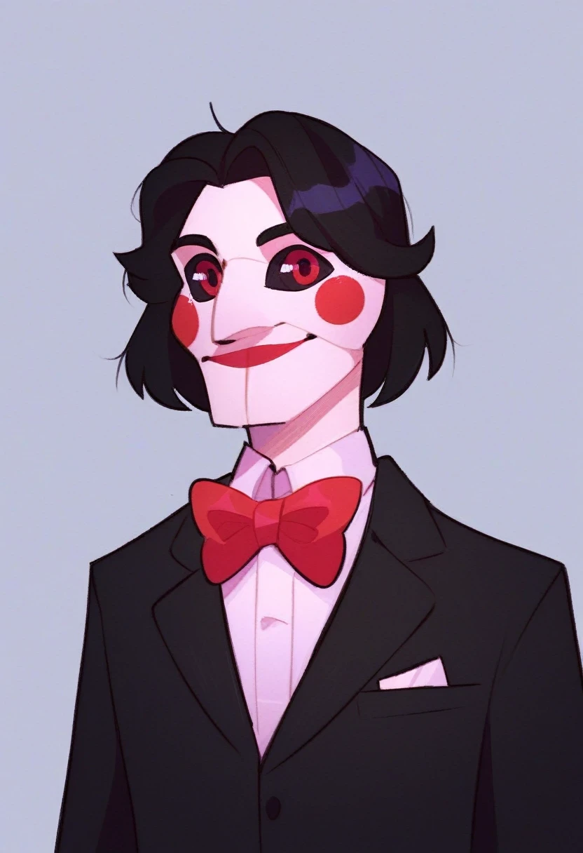 Billy_SML, solo, short hair, shirt, black hair, 1boy, red eyes, bow, jacket, white shirt, upper body, male focus, collared shirt, bowtie, red bow, black jacket, mask, suit, red bowtie, traditional bowtie, clown, @_@. black sclera, colored sclera