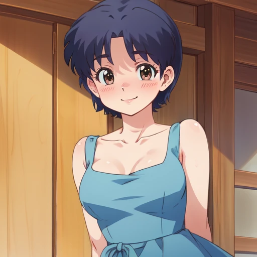 professional illustration, masterpiece, sexy, medium breasts, brown eyes, Akanechan., blue dress, smile, blush<lora:Akane2024-03:0.7>, (short hair:1.5)