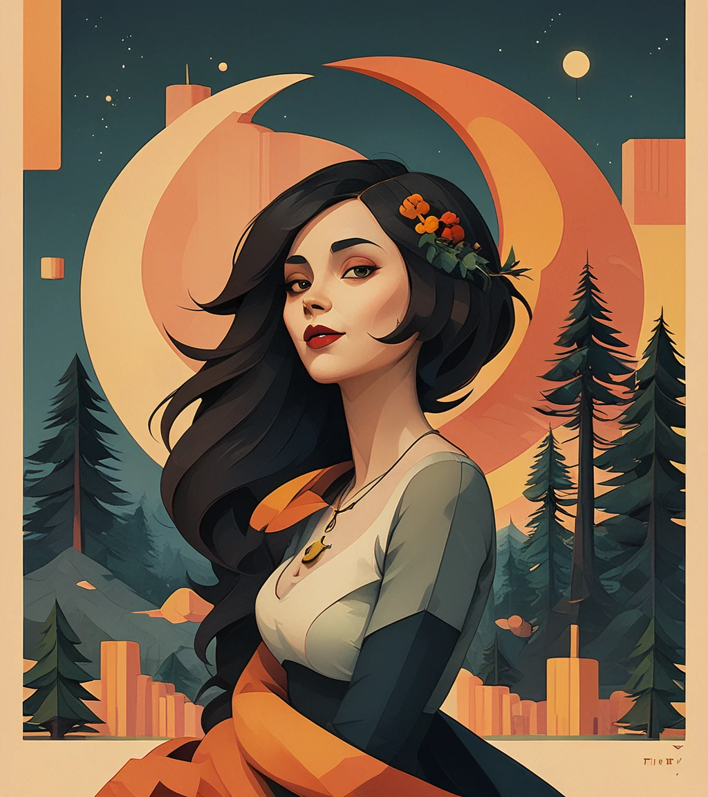 foxy lady, black and orange, bats, crescent moon, natural background, pine trees, red lips, score_9, score_8_up, score_7_up, score_6_up, score_5_up, score_4_up, 