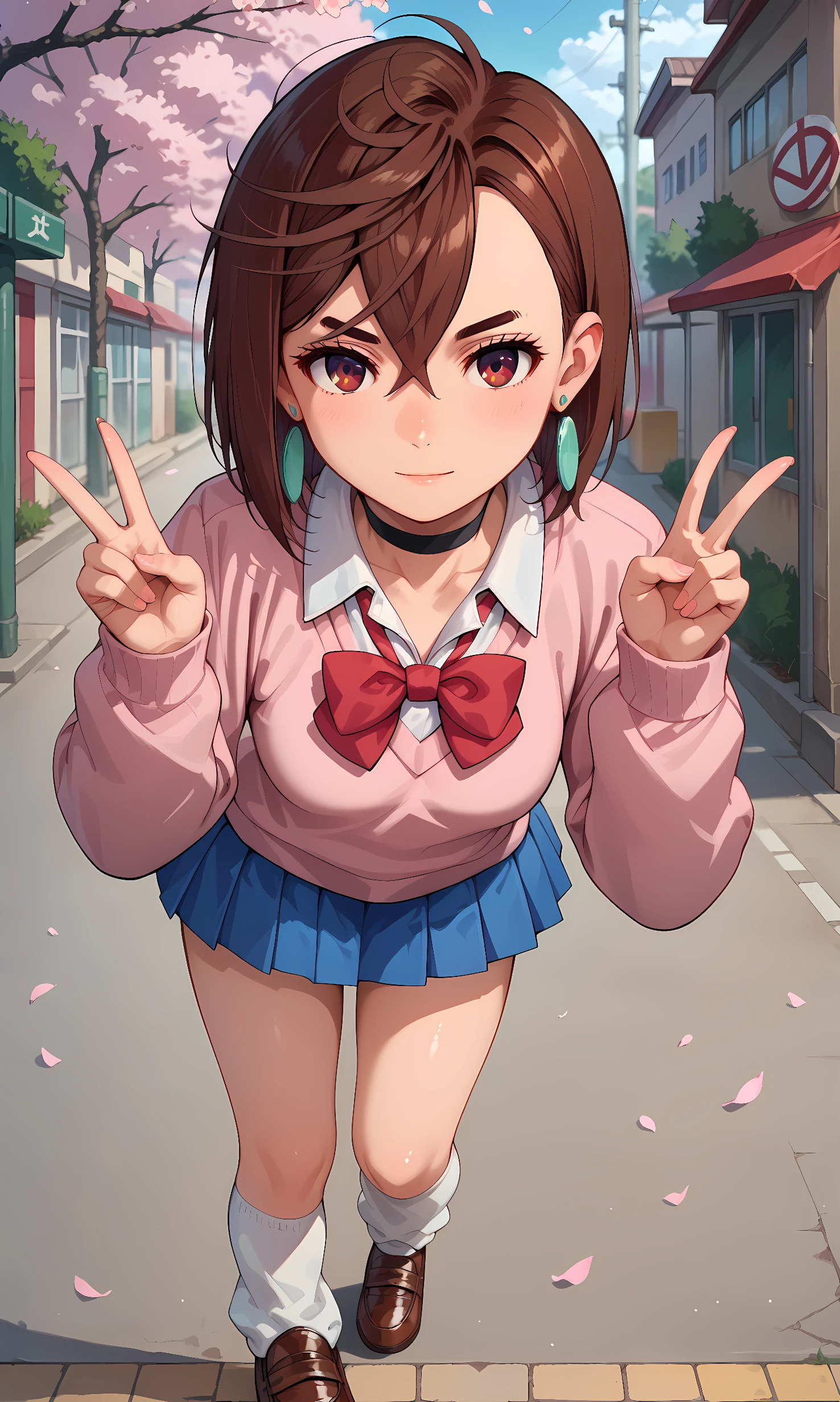 score_9, score_8_up, score_7_up, source_anime, 1girl, solo, outdoors, street, cherry blossoms, cowboy shot, standing, looking at viewer, shiny skin, ayase_momo, red eyes, brown hair, short hair, pendant earrings, school uniform, pink sweater, puffy long sleeves, choker, collared shirt, red bow, bow, miniskirt, blue skirt, pleated skirt, white socks, loose socks, brown shoes, leaning forward, double v