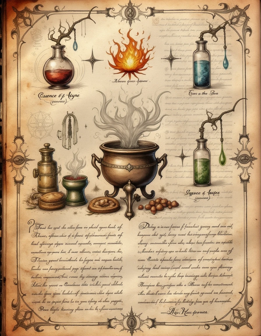 spllbkpg, An alchemists observation page showing the effects of combining fire and water essences, with a sketched cauldron at the center, half-filled with liquid and emitting steam. To the upper left, a small flask with swirling flames inside is labeled âEssence of Pyre.â On the right, a tiny droplet from another vial labeled âTears of the Seaâ is illustrated falling into the mixture. Below, experimental notes outline the reactions observed, framed by decorative borders and elemental runes., <lora:codex_arcanum_v20-360:1>, spllbkpg