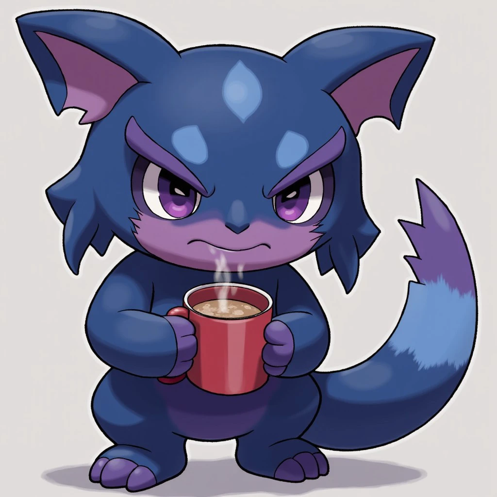 a gloomy-looking fluxfakemon that is a bipedal navy blue mammal. It has a grouchy expression, and half-closed lavender eyes. It has short loppy ears that that have dark purple tips. It is holding a mug of steaming hot coffee.