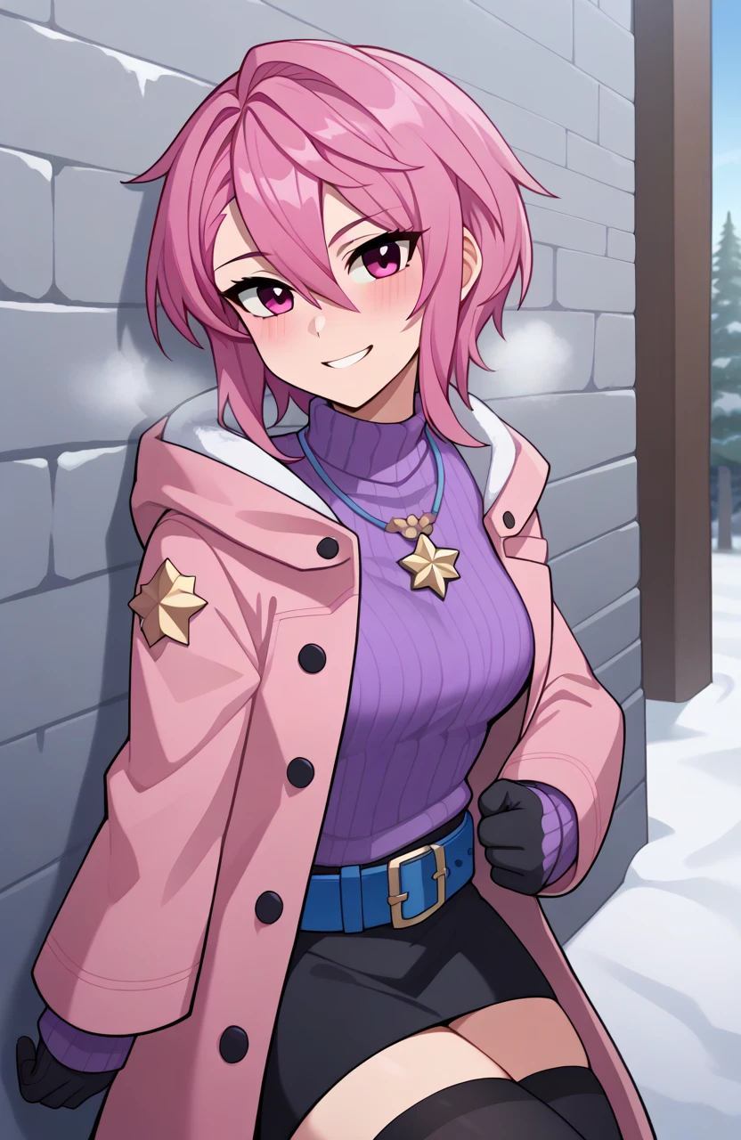 (Score_9,  score_8, score_6, score_7:0.6), masterpiece, best quality, good quality, newest,Aira, hair between eyes, short hair, swept bangs, asymmetrical bangs, 1girl, smile, pink coat, open coat, gloves,  black thighhighs, pink hair, purple sweater, necklace, blue belt, star buckle,, pink eyes, long sleeves, dynamic pose, interesting angle, leaning back, leaning against wall, faint blush, head tilt, snow, outdoors, breath, <lora:ShiaratoriAiraDandadanDora-XL-V1:1>