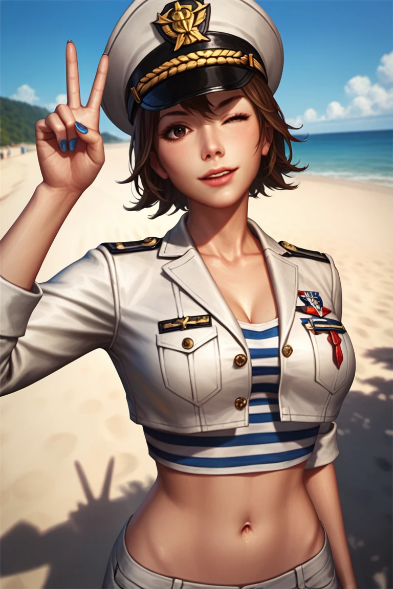 score_9, score_8_up, score_8, style langrisser, source_anime, semi_realistic, a picture of April80,1girl,short hair,black eyes,brown hair,cleavage,belt,white belt,wristwatch,jumpsuit. surfing on the back of a big turtle on the sea. beach, sea