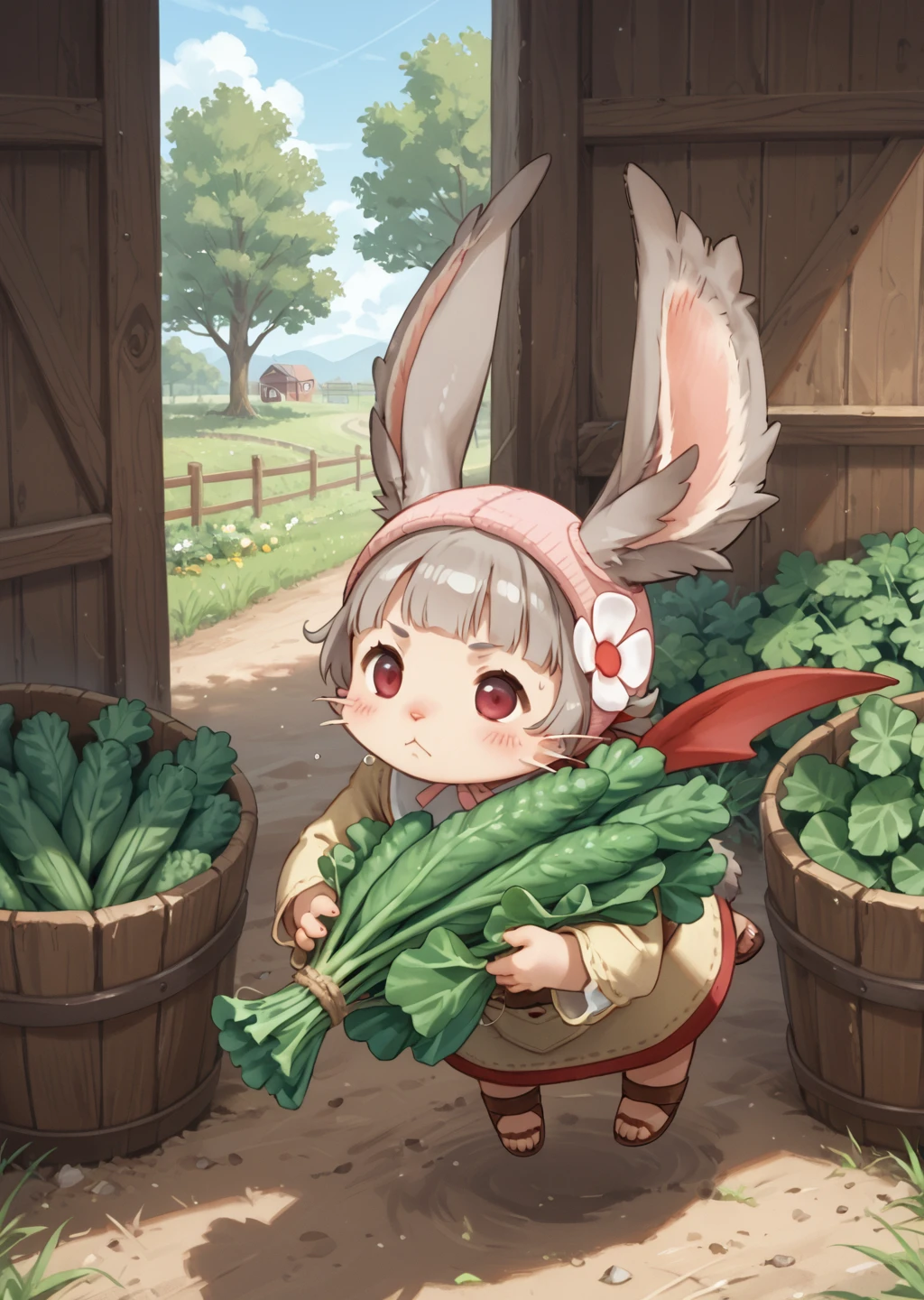 score_9, score_8_up, score_7_up, score_6_up, score_5_up, score_4_up, cute female furry feral chibi gurdy, floating in the air, (carrying green vegetables in her lap:1.5), sweating, annoyed, farm background, source_furry <lora:Gurdy_Final_Fantasy_XII_Pony-000010:0.8> gurdy, moogle, furry, pompom, footwear, soft fur, rabbit tail, beautiful eyes,