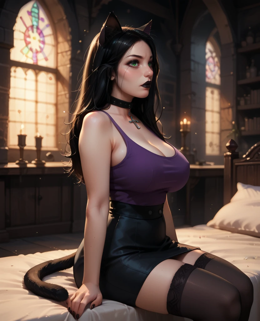 score_9,score_8_up,score_7_up,
 bad_posture , mischievous look, side profile 
castle,cozy,indoors,
 detailed skin texture, (blush:0.5), (goosebumps:0.5), subsurface scattering, cat ears, cat tail, animal ears, 
  <lora:Ella-_Superhuman_-V2:0.7> ella, choker, cross, green eyes, mascara, pale skin, black hair, black lips, black nails, big breasts, black lipstick, purple top, (miniskirt:1.2), black skirt,  stockings, 
 <lora:add-detail-xl:1.5> 
   <lora:noc-AestheticScene_Pony:0.5>
 4esthet1c <lora:sdxl_lightning_8step_lora:0.2> 
<lora:princess_xl_v2:0.7>,