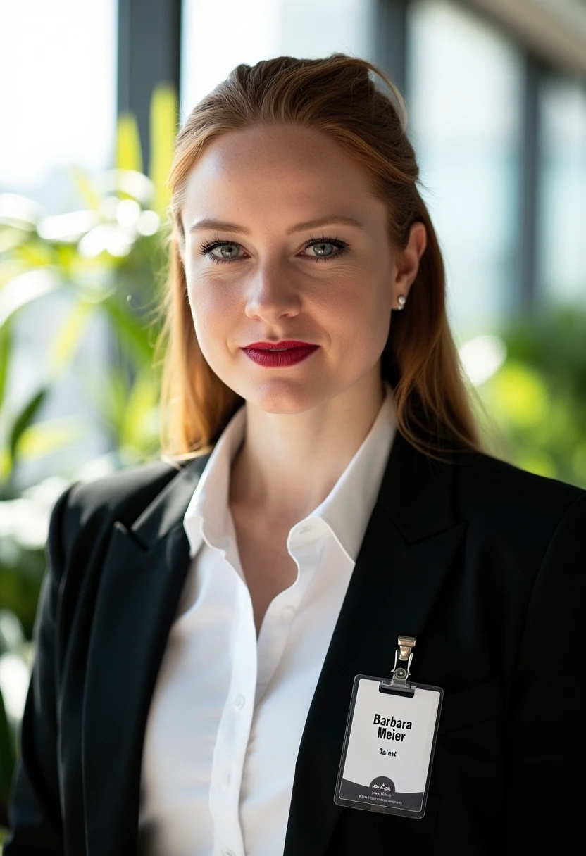 A portrait photo of barbarameier, a woman. She is looking straight at the viewer with a serious expression on her face. She is wearing red lipstick. Her eyebrows are drawn down. Her mouth is closed and her lips are pressed together. She is wearing a professional white shirt and a black business suit. A simple ID badge with black bold text name "Barbara Meier" and smaller title "Talent" is clipped to the suit jacket. The background is blurry and shows a modern office with house plants. Sunlight is shining through large windows.