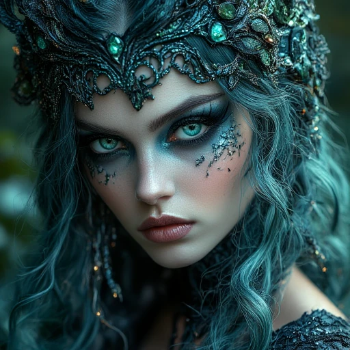 pastelgoth The image is a highly detailed, wavy hair styled in a voluminous, interwoven strands. Her eyes are heavily made up with dark, striking blue-green eyes that dominate the frame, crystal-like elements. Her piercing, wavy curls down her back., surreal