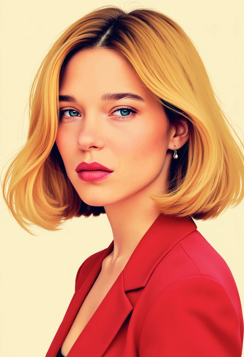 Award-worthy vector illustration art of Lea Seydoux with blond french bob, the linework is sharp, colorful and expressive, simplified and flat shapes that enforce woman's facial features, dynamic composition, professional-grade vector illustration with pastel colored gradient background.