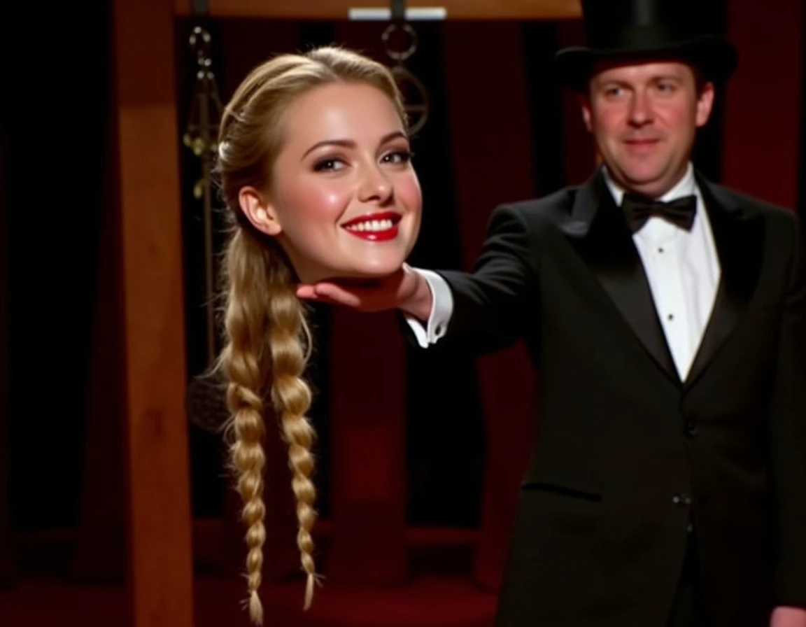 <lora:headonly-flux:1> (h3adonly:1), This is a far shot photo of a magician in a tuxedo and top hat holding a beautiful young woman's disembodied head on a stage at a magic show, showing her to the audience. She is smiling and looking at the audience. she has long blonde hair in a single braid that cascades down and red lipstick. There is a guillotine in the background.