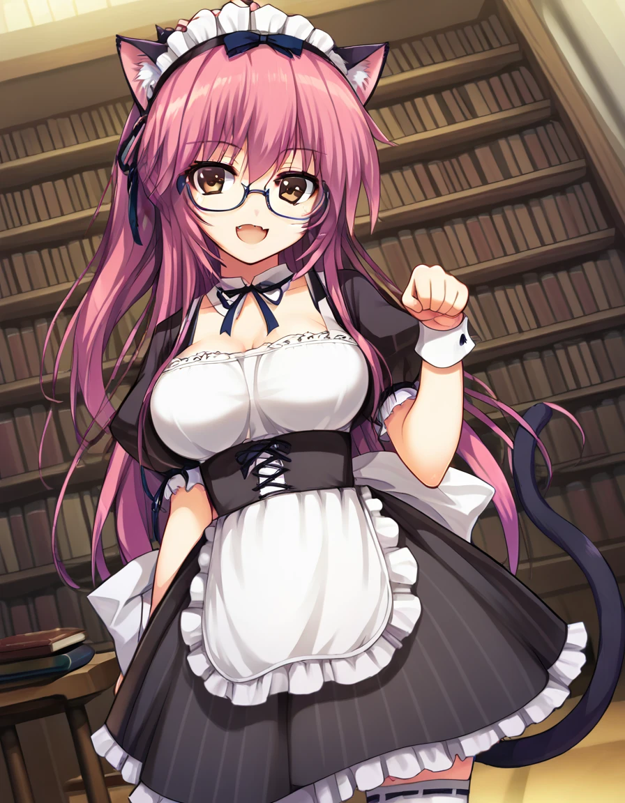 score_9, score_8_up, score_7_up, source_anime, <lora:accela-ingame-ponyxl-lora-nochekaiser:1>, accela, long hair, large breasts, brown eyes, ponytail, pink hair, large breasts,, thighhighs, apron, white thighhighs, zettai ryouiki, wrist cuffs, maid, maid headdress, library, reading books, glasses, quiet, focused, shelves of books, smile, <lora:paw-pose-ponyxl-lora-nochekaiser:1>, paw pose, cat ears, cat tail, animal ears, tail, cat girl, open mouth, fang, whiskers,, looking at viewer, solo,, dutch angle, cowboy shot