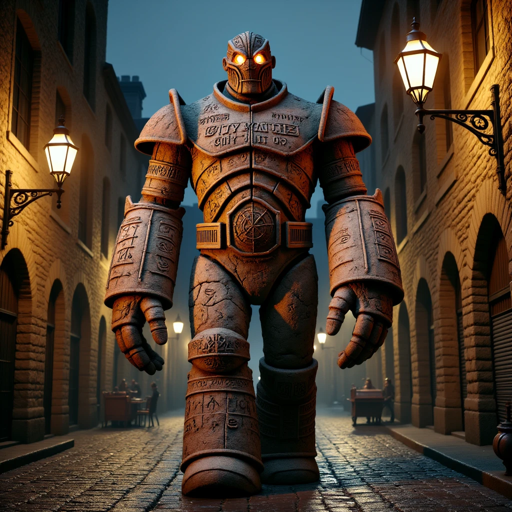 Imagine an image in the style of cinematic photorealism: A towering golem made from fired clay and pottery walks calmly through the dimly lit streets of a city at night. His large, pottery-like hands rest at his sides as his glowing eyes smolder faintly. His clay body, covered in cracks and ancient carvings, is dressed in a custom-made City Watch uniform, with a broad breastplate reflecting the glow of street lamps. The shadows fall across his towering frame as he silently patrols, blending naturally with his surroundings. The cobblestone streets glisten with recent rain, the faint mist swirling around his legs.