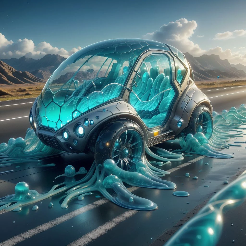 <lora:Navi_SlimeTech_L:1>  nv_slimetech ,scifi, translucent, tendrils, melting ,
ground vehicle, on the highway , landscape,