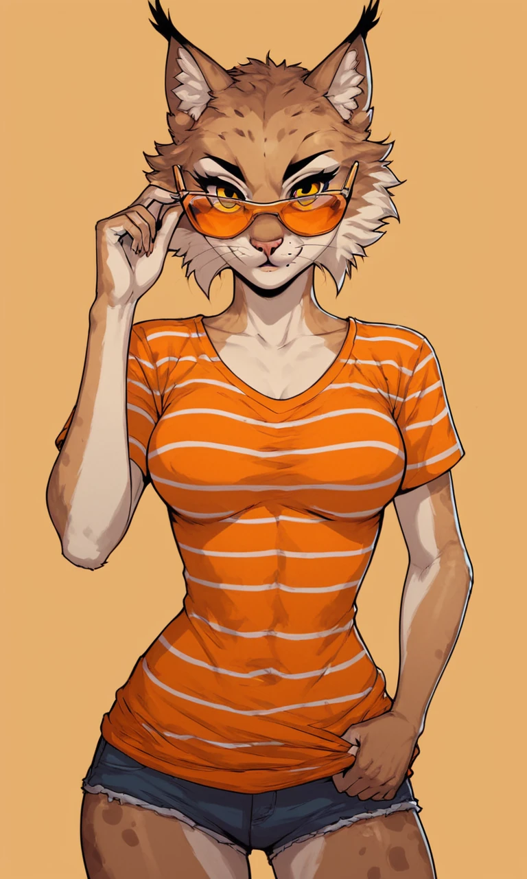 score_9, score_8_up, score_7_up, 1dk, solo, Lynxy, Yellow eyes, medium breasts, one mole under left eye, sunglasses, cowboy shot, striped shirt, orange background, orange theme, orange-tinted eyewear, yellow-tinted eyewear, score_9, score_8_up, score_7_up, 1dk, solo, Lynxy, Yellow eyes, medium breasts, one mole under left eye, sunglasses, cowboy shot, striped shirt, orange background, orange theme, orange-tinted eyewear, yellow-tinted eyewear, very detailed, beautiful, delicate