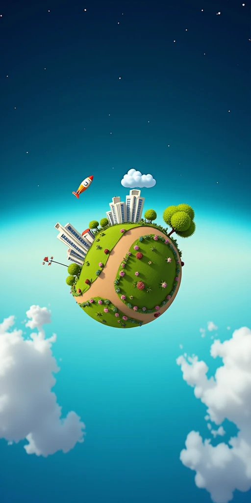 a cute planet, pond, plants, buildings, a spaceship flying, high quality, detailed, beautiful, clouds, 3D rendered, soft light, soft colors, healing atomosphere, space background, stars