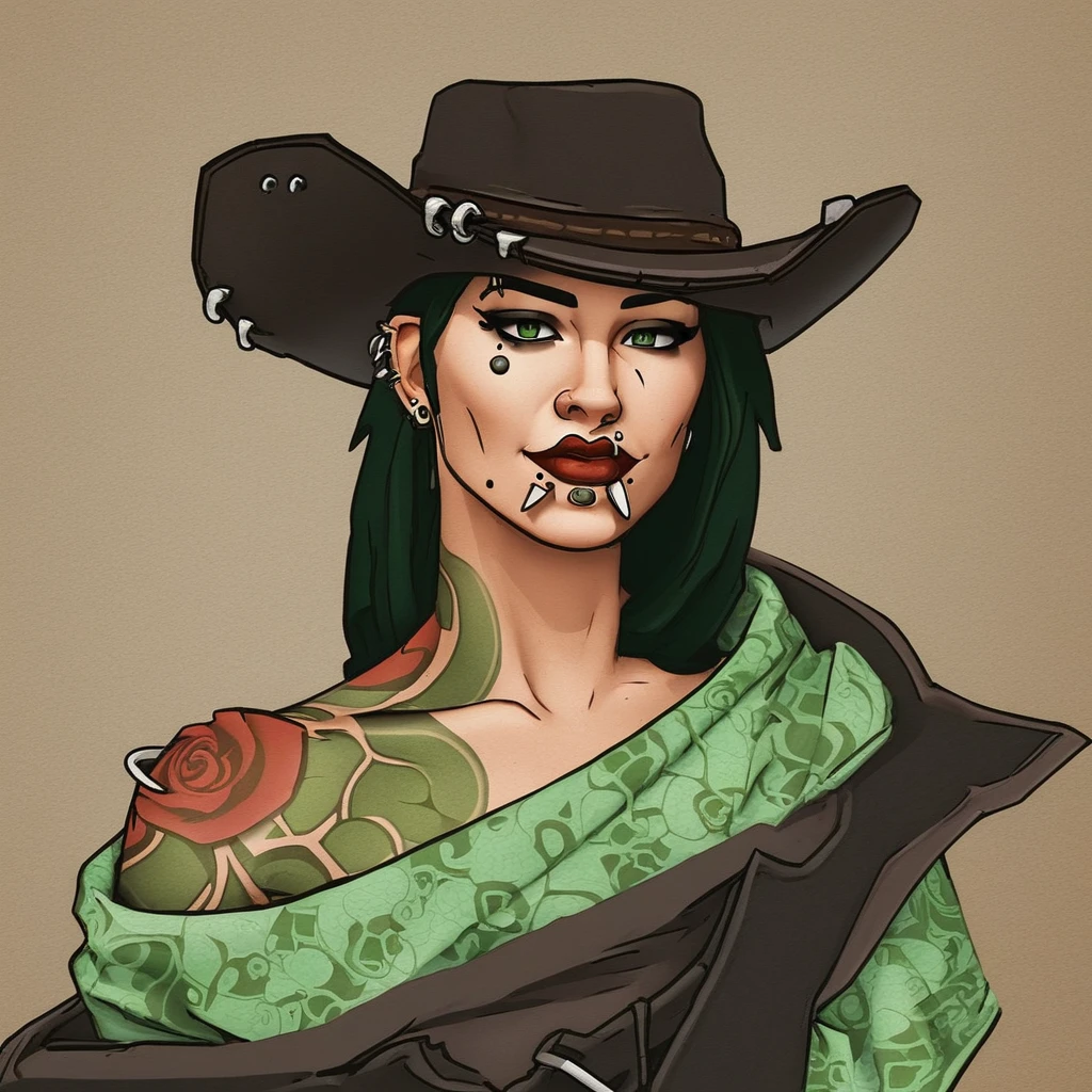 1girl, solo, cowboy hat, rose tattoo on right shoulder, bandolier, facial piercings,  clother