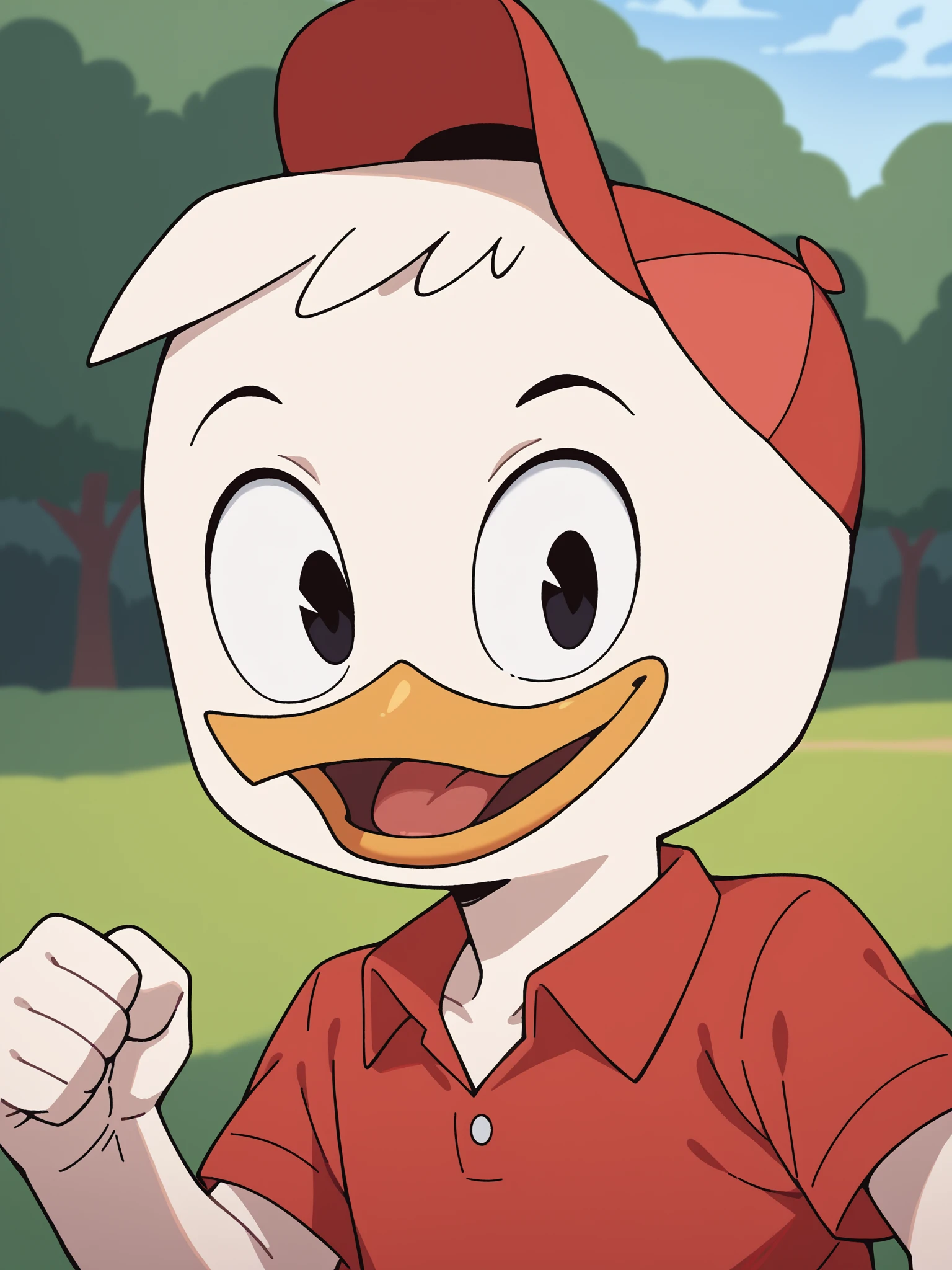 score_9, score_8_up, score_7_up, score_6_up, score_5_up, best quality, highres, source_furry, qppp, upper body
1boy, solo, duck, beak, hueypdxl, detailed background, young, outdoors, smile, happy, looking at viewer, fist, open mouth, tongue, black eyes, white skin, red shirt, collared shirt, red hat, looking at viewer <lora:Huey_Duck:0.9>