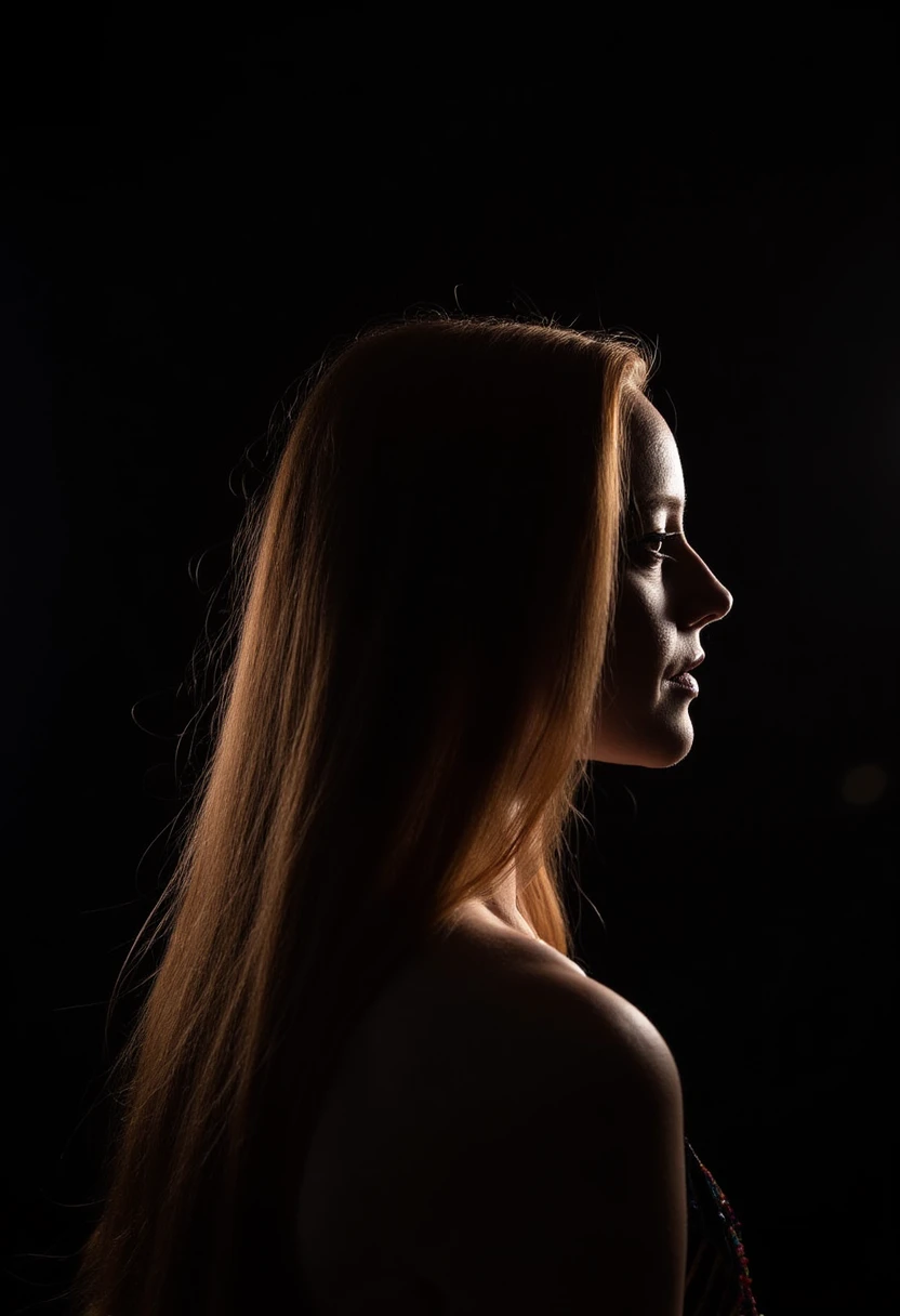 a face profile photo of barbarameier, a woman with long hair. The background is black. The image is lit in such a way that her head appears to glow around the outline.