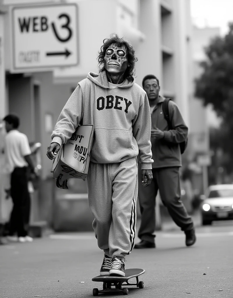 InvasionLosAngeles Alien is wearing a hoody with the text "OBEY" and tracksuit and is skateboarding in a city <lora:InvasionLosAngeles_Alien:0.9>