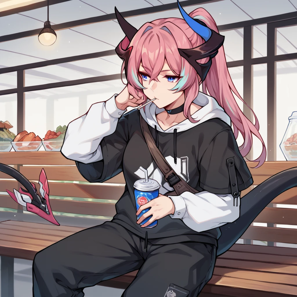 score_9_up, score_8_up, score_7_up, 1girl, solo, supermarket, ceiling light, sitting on bench, holding sports drink, drinking straw in mouth, bored, looking to side, spread arm rest, Delta, Aug_Merch, blue eyes, ponytail, long hair, pink hair, streaked hair, blue hair, mechanical tail, black hoodie, hoodie, white shirt, black choker, short sleeves, black sleeves, long sleeves, white sleeves, black pants, shoulder bag, layered sleeves, black horns, horns, streaked hair, blue hair, hood down, mature body, dynamic cowboy shot,