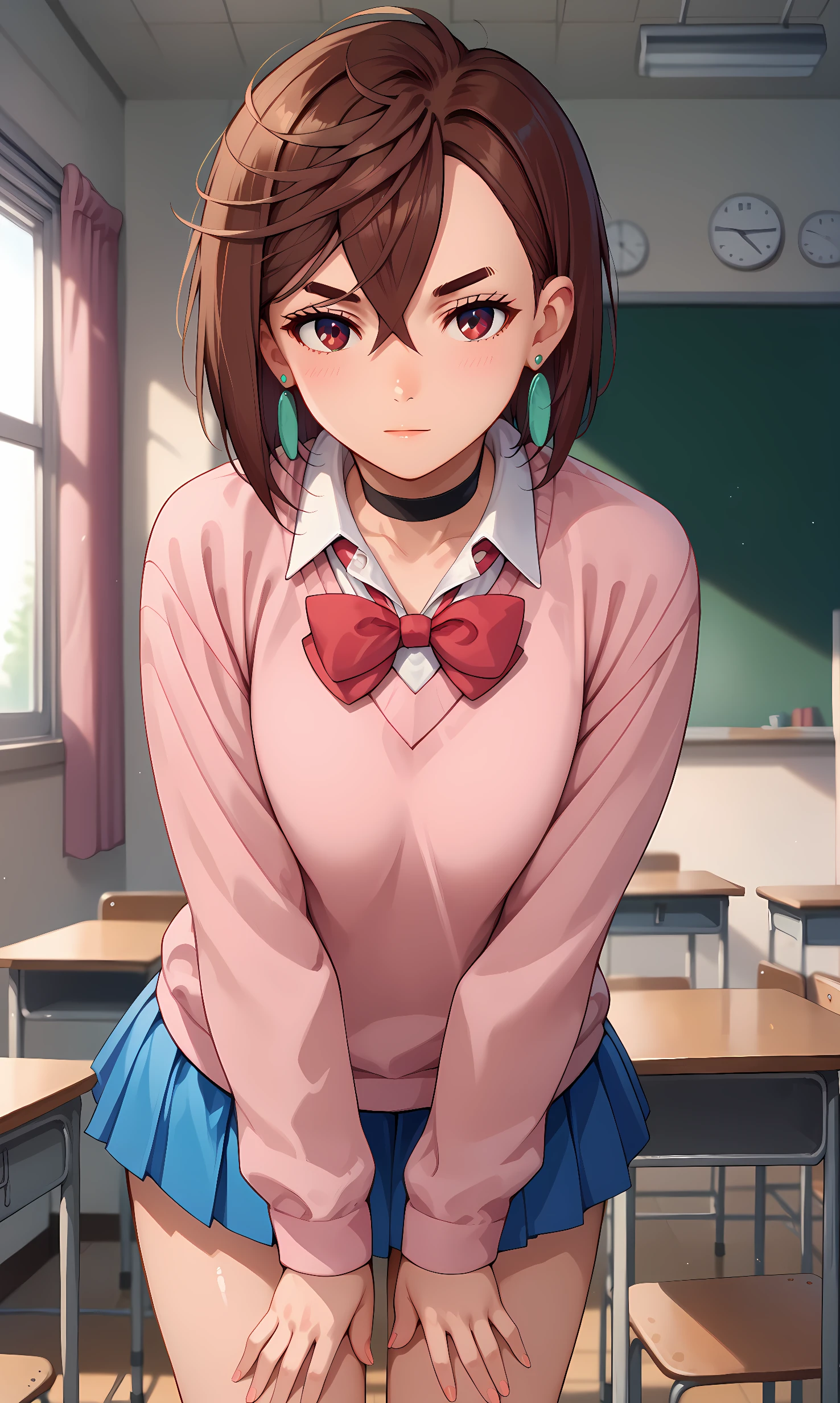 score_9, score_8_up, score_7_up, source_anime, 1girl, solo, indoors, classroom, cowboy shot, standing, looking at viewer, shiny skin, ayase_momo, red eyes, brown hair, short hair, pendant earrings, school uniform, pink sweater, puffy long sleeves, choker, collared shirt, red bow, bow, miniskirt, blue skirt, pleated skirt, white socks, loose socks, brown shoes