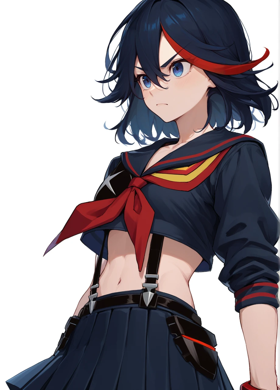 <lora:KLK_Matoi-PONY:0.8> 1girl, solo, matoi ryuuko, short hair, blue eyes,  cowboy shot, white background, mrdef, streaked hair, black serafuku, neckerchief, black suspenders, crop top, sleeves rolled up, single glove, pleated skirt, score_9, score_8_up, score_7_up, score_6_up,